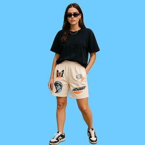 ROMWE “Dreaming” Graphic Shorts | Beige Streetwear Unisex Shorts | Size L